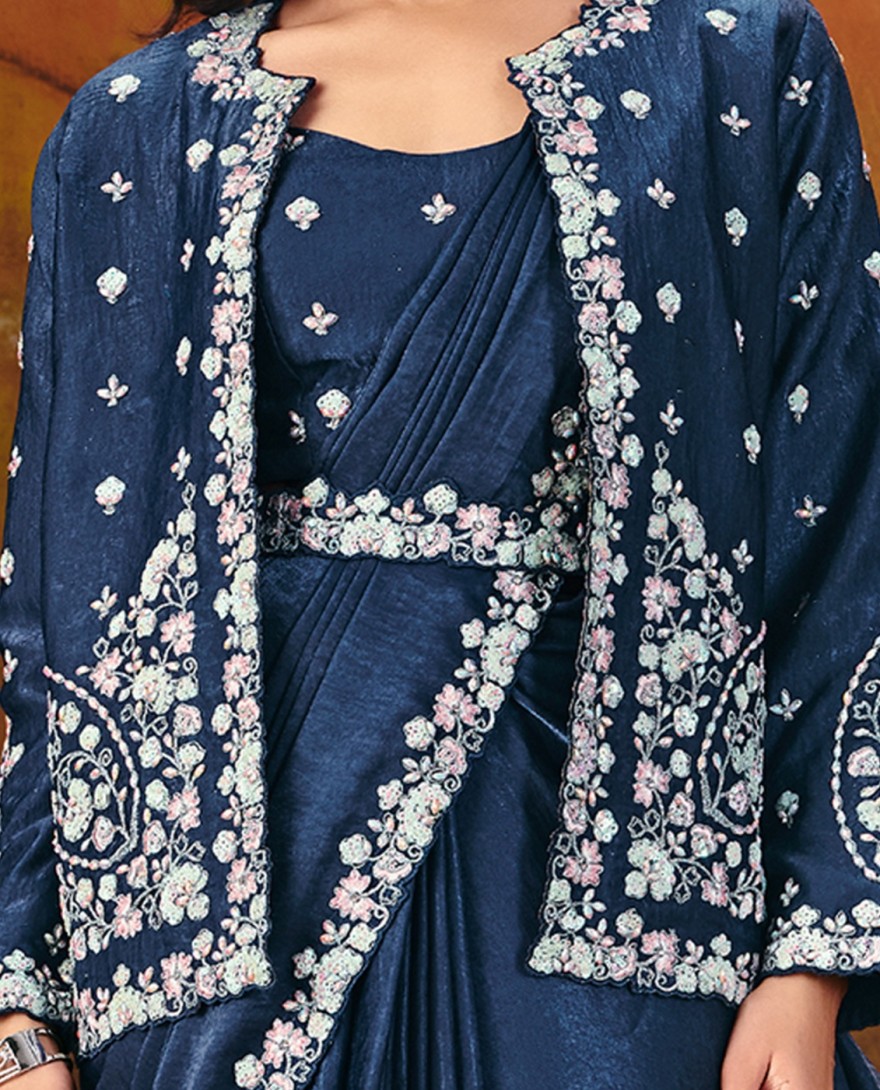 27106 - Dark Blue Embroidered Wedding Party Designer Saree